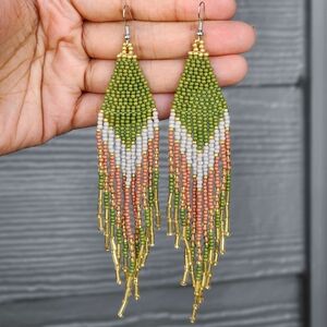 Olive Pea Boho Beaded Fringe Earrings Handmade Boheme Jewelry